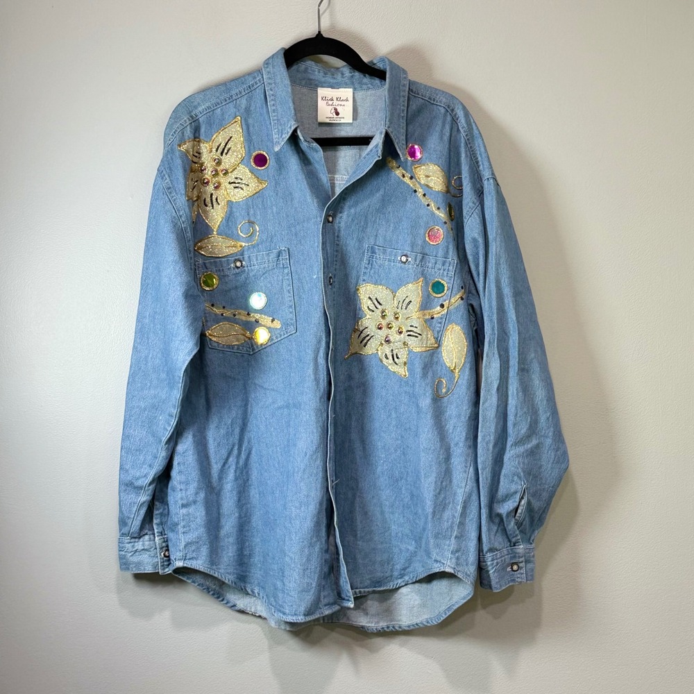 VTG 90's Klick Klack Fashions Denim Shirt Gold Floral Embellished Cotton OS
